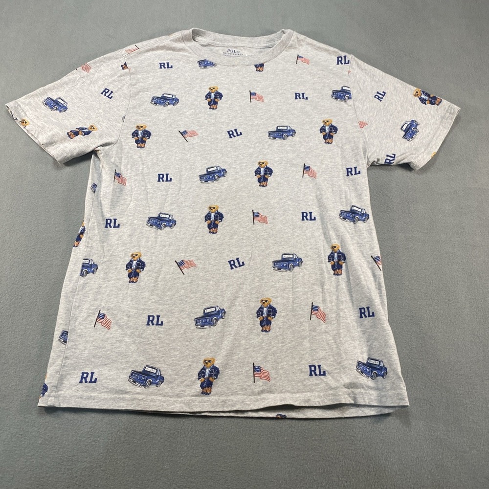 Polo Ralph Lauren Shirt Boys 18-20 Gray Polo Cowboy Bear Patriotic Country Flag
